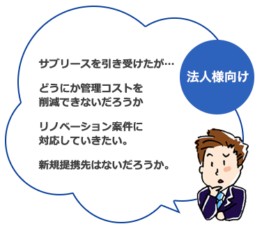 サブリースを引き受けたが…どうにか管理コストを削減できないだろうか。リノベーション案件に対応していきたい。新規提携先はないだろうか。